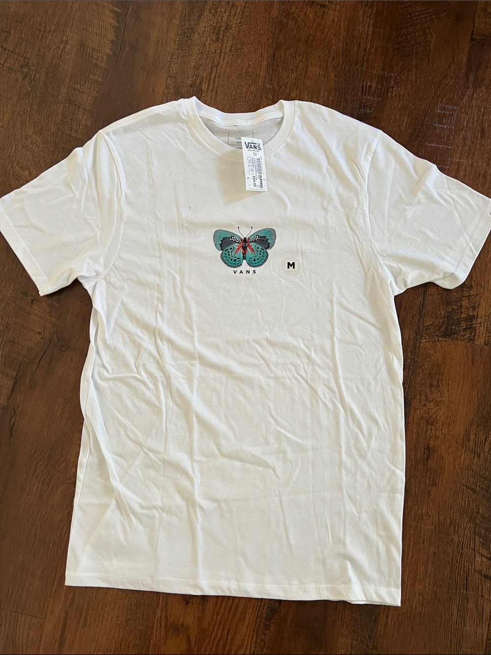 Vans White Tee with Teal and Red Butterfly Graphic